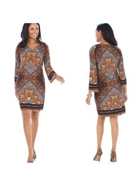 CHICO’S Animal Paisley Medallion Dress Bracelet Flared Long Sleeve US Sz L